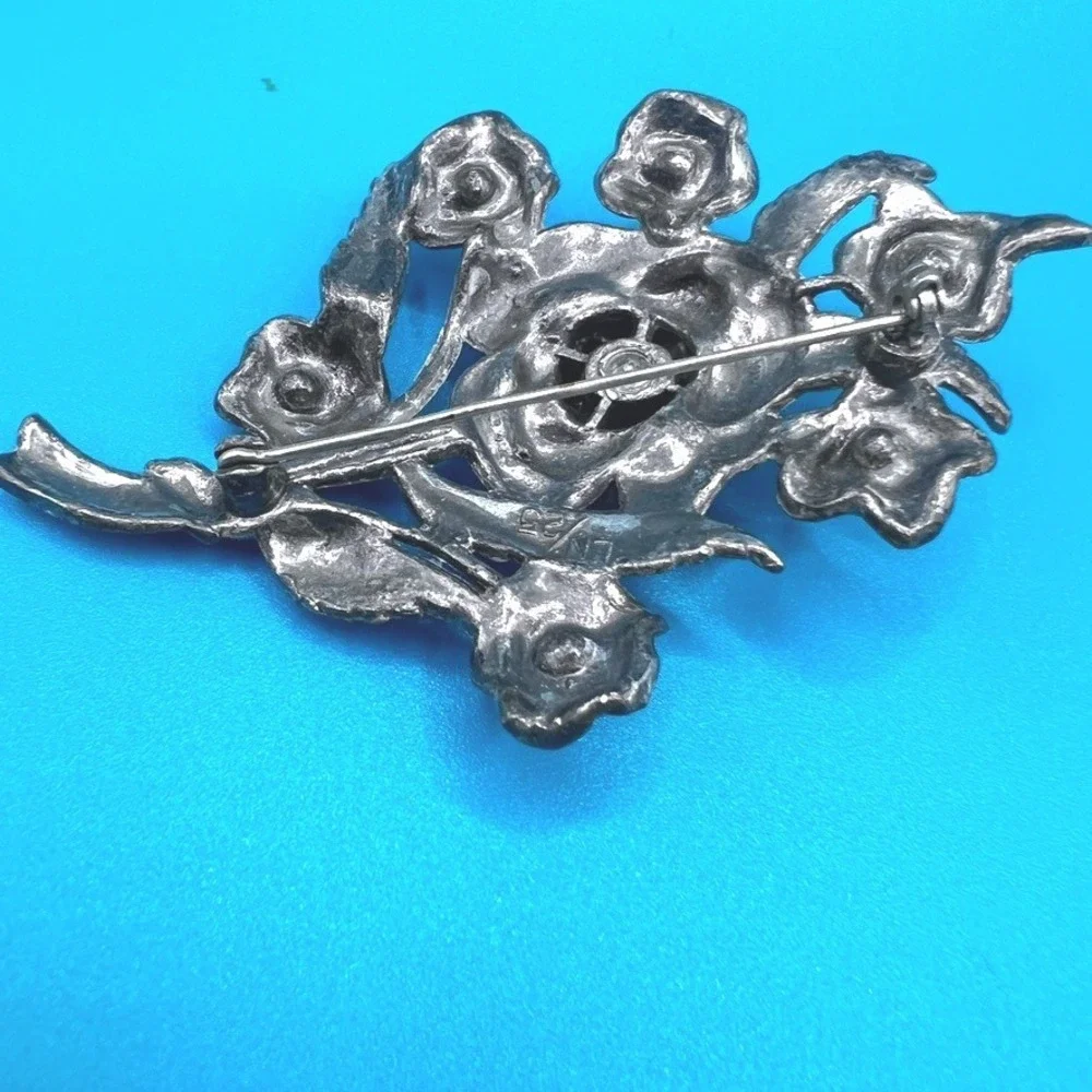 Vintage Little Nemo Pot Metal Brooch Large Blue Rhinestones Floral ‎ 3.25